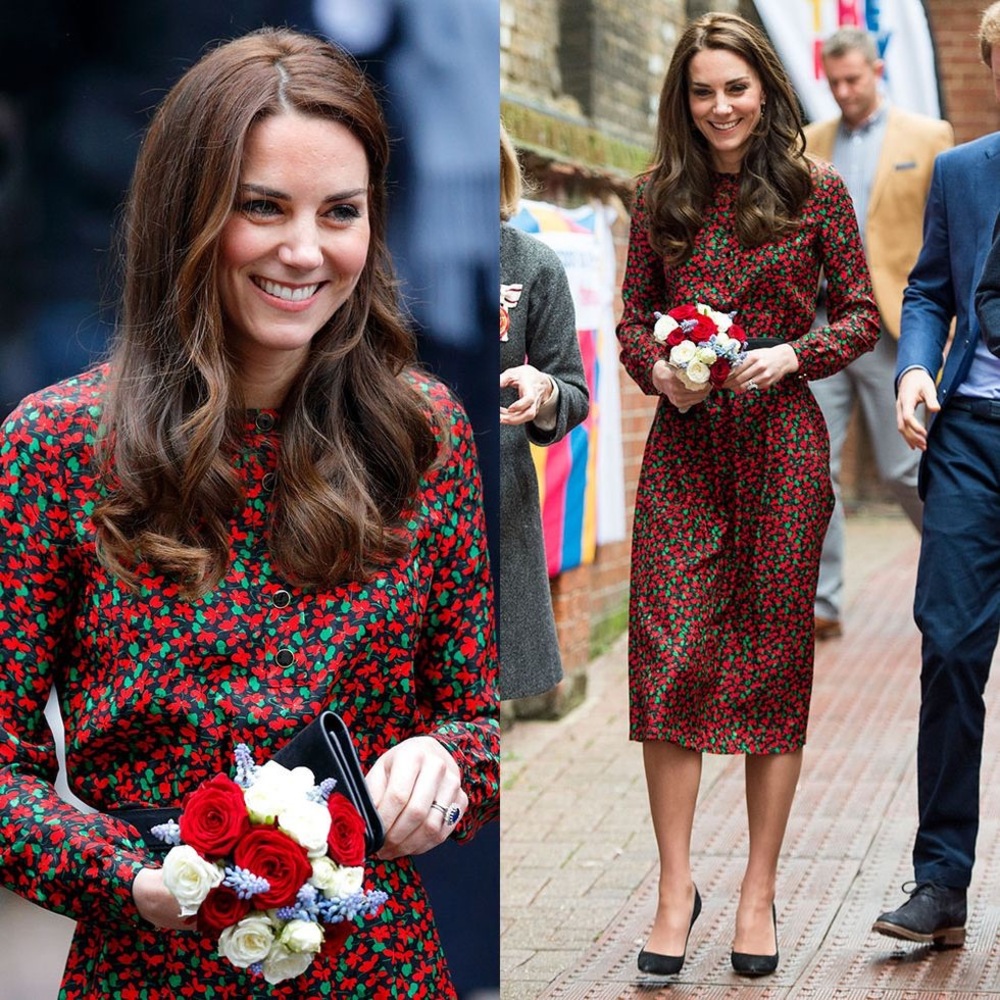 Vanessa Seward Cai Red and Green Floral Dress